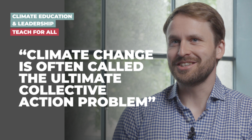 Headshot of a white man with red hair in a plaid button down. Text that says "Climate change is often called the ultimate collective action problem."