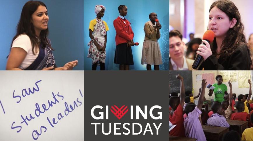 A collage of images of young people speaking into microphones and a Giving Tuesday logo on a black background