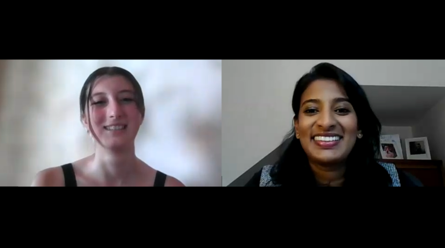 Headshots of a white teenage girl with brown hair and a smiling South Asian woman
