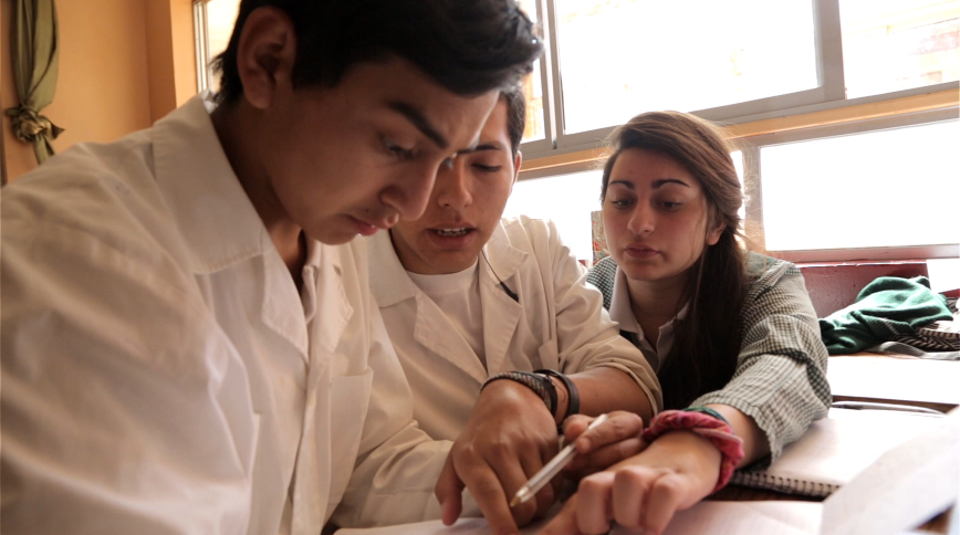 A young woman with long brown hair and two young men with brown hair and tan skin wearing white lab coats work on a problem at a desk