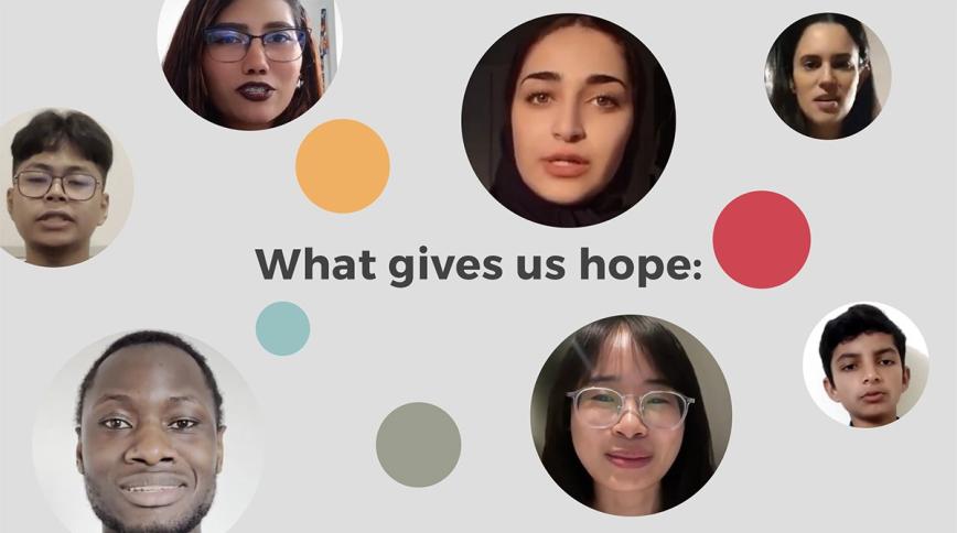 Circular headshots of diverse young people surround the text What gives us hope: on a white background with a few colored circles