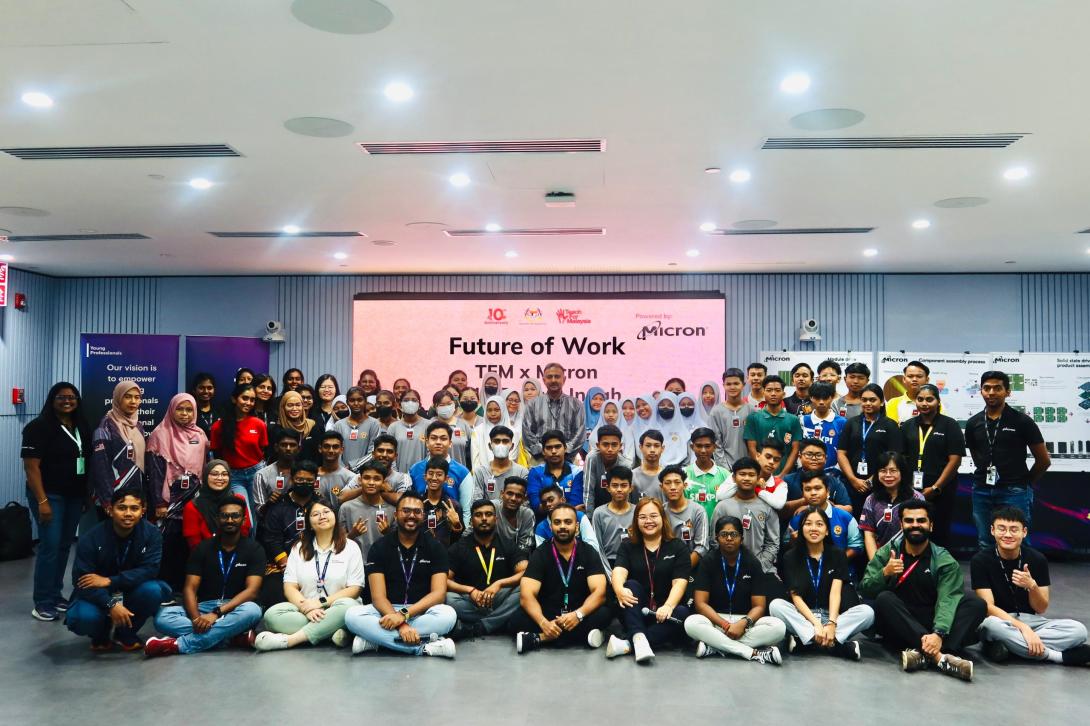 Group photo of students and staff during Teach For Malaysia's visit to the Micron facility in Batu Kawan