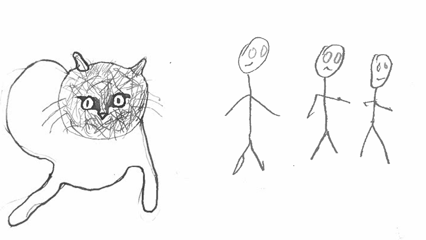 A child's pencil drawing of a cat alongside three stick figures