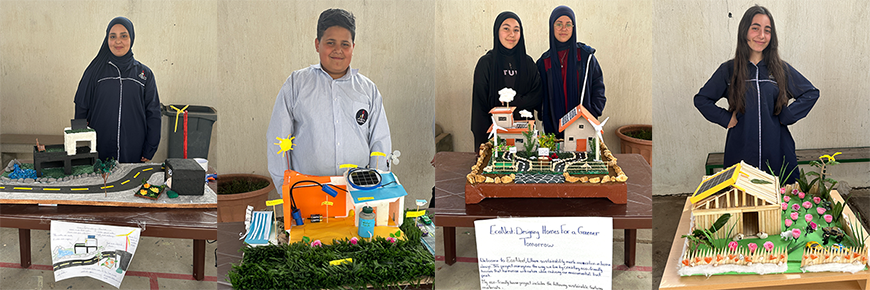 Collage for four photos of students - four girls and one boy - standing behind models of houses they have made